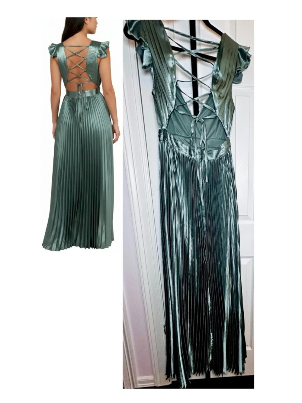 Exceptional Drama Sage Green Satin Lace-Up Pleated Maxi Dress Small NWOT - Picture 4 of 13